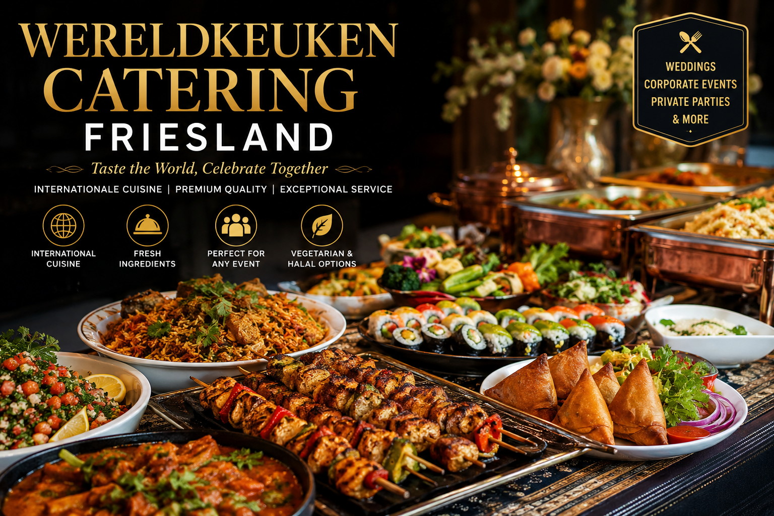 When it comes to creating unforgettable events, Wereldkeuken catering Friesland delivers an exceptional culinary experience inspired by flavors from around the globe. We specialize in bringing authentic international cuisine to weddings, corporate gatherings, birthday celebrations, private dinners, family reunions, cultural festivals, and business events throughout Friesland. Our passion for quality ingredients, professional service, and beautifully presented dishes allows us to transform every occasion into a memorable celebration. Whether guests prefer traditional European specialties, authentic Asian recipes, Middle Eastern delicacies, Mediterranean classics, or rich South Asian cuisine, we create a customized menu that satisfies every taste while maintaining the highest standards of freshness and presentation. Why Choose Wereldkeuken Catering Friesland Selecting the right catering partner determines the success of any event. We combine culinary expertise with outstanding hospitality to provide a seamless catering experience from planning to final service. Our advantages include: Freshly prepared international dishes Experienced professional chefs Customized catering packages Flexible menus for every budget Vegetarian, vegan, and halal options Elegant buffet presentations Reliable delivery throughout Friesland Friendly and professional serving staff Complete event catering solutions Attention to every culinary detail Every menu is carefully designed to provide balance, variety, and exceptional flavor for every guest. International Cuisine from Around the World One of the defining features of Wereldkeuken catering Friesland is our extensive selection of international cuisines. We believe every culture offers unique culinary traditions worthy of celebration. Our world cuisine selections include: Asian Cuisine Asian dishes combine fresh vegetables, aromatic herbs, rich sauces, and perfectly balanced spices. Popular choices include: Thai Green Curry Chicken Teriyaki Sweet and Sour Chicken Beef Stir Fry Fried Rice Vegetable Noodles Sushi Platters Spring Rolls Dim Sum Korean BBQ Selections Mediterranean Cuisine Mediterranean food is known for healthy ingredients, olive oil, herbs, seafood, grilled meats, and colorful vegetables. Favorites include: Greek Salad Chicken Souvlaki Lamb Kebabs Grilled Vegetables Falafel Hummus Baba Ganoush Fresh Pita Bread Tzatziki Stuffed Vine Leaves Middle Eastern Specialties Middle Eastern cuisine offers rich flavors and authentic recipes passed down through generations. Popular menu items include: Chicken Shawarma Lamb Kofta Mixed Grill Platters Rice Pilaf Fresh Mezze Garlic Sauce Fattoush Salad Lentil Soup Grilled Halloumi Traditional Desserts South Asian Cuisine South Asian dishes provide aromatic spices and comforting flavors suitable for every celebration. Our menu includes: Chicken Biryani Lamb Biryani Butter Chicken Chicken Tikka Masala Beef Curry Vegetable Curry Dal Tadka Naan Bread Fresh Salads Mango Chutney European Cuisine Traditional European catering remains a favorite for weddings and corporate events. Popular dishes include: Roast Chicken Beef Stroganoff Herb Roasted Potatoes Seasonal Vegetables Pasta Dishes Creamy Lasagna Grilled Salmon Fresh Bread Selection Cheese Platters Gourmet Desserts Wedding Catering in Friesland A wedding deserves exceptional food that reflects the importance of the celebration. Our wedding catering services combine elegant presentation with personalized menus designed specifically for each couple. Wedding catering options include: Luxury buffets Fine dining service Multi-course dinners Finger food receptions Dessert stations Live cooking stations BBQ catering International wedding menus Halal wedding catering Vegetarian wedding packages Every wedding menu is carefully planned to ensure guests enjoy outstanding food from the first appetizer to the final dessert. Corporate Catering Services Professional catering enhances meetings, conferences, seminars, and company celebrations. We provide dependable catering solutions for businesses throughout Friesland. Corporate catering options include: Business lunches Executive dinners Conference catering Networking events Product launches Office parties Training sessions Breakfast meetings Coffee breaks Evening receptions Our punctual delivery and professional presentation allow businesses to focus entirely on their event. Private Party Catering Private celebrations deserve delicious food that brings family and friends together. Our catering services are suitable for every type of personal event. We cater for: Birthday parties Anniversary celebrations Family reunions Graduation parties Baby showers Engagement parties Garden parties Holiday celebrations Cultural festivals Community events Every menu can be customized according to guest preferences and dietary requirements. Luxury Buffet Catering Buffets provide flexibility while allowing guests to enjoy a wide variety of dishes. Our buffet packages often include: Fresh salads International starters Multiple hot dishes Vegetarian selections Premium meat dishes Seafood options Fresh bread Rice and pasta dishes Desserts Fresh fruit platters Each buffet is professionally arranged to create an elegant dining experience. Vegetarian and Vegan Catering Modern events increasingly require plant-based dining options that are both nutritious and delicious. Popular vegetarian and vegan dishes include: Vegetable Lasagna Chickpea Curry Stuffed Peppers Vegan Stir Fry Falafel Couscous Salad Roasted Vegetables Quinoa Bowls Mushroom Risotto Fresh Fruit Desserts Every plant-based dish is prepared using premium ingredients without compromising on taste. Halal Catering in Friesland Many clients require authentic halal catering prepared according to halal standards. Our halal catering menu includes: Halal Chicken Halal Beef Lamb Specialties Traditional Rice Dishes Fresh Salads Authentic Curries Mixed Grills Fresh Bread Desserts Non-alcoholic beverages We ensure every halal menu meets high quality standards while delivering authentic flavor. Fresh Ingredients Make the Difference Exceptional catering begins with premium ingredients. Every dish is prepared using carefully selected products sourced for freshness and quality. We prioritize: Fresh vegetables Seasonal produce Premium meats Fresh seafood Authentic herbs Imported spices Homemade sauces Fresh dairy products Artisan breads High-quality oils Our commitment to quality ensures consistent excellence across every menu. Professional Event Catering Team Outstanding food deserves equally impressive service. Our experienced catering professionals coordinate every aspect of the event. Our team provides: Event planning Menu consultation Buffet setup Serving staff Table presentation Food replenishment Beverage service Kitchen coordination Event cleanup Complete hospitality support Every member of our team focuses on creating a smooth and enjoyable experience. Customized Catering Packages No two events are identical. We create flexible catering packages designed around the specific needs of every client. Customization options include: Guest numbers Cuisine selection Dietary preferences Serving style Budget planning Dessert options Beverage packages Live cooking Decoration coordination Equipment rental This flexibility allows every celebration to receive a truly personalized catering experience. Perfect Catering for Every Event Size Whether serving a small family dinner or a large corporate event, our catering solutions remain consistent in quality. We accommodate: Small private dinners Medium-sized parties Wedding receptions Business conferences Festivals Community gatherings School events Charity functions Sporting events Large-scale celebrations Every event receives the same attention to detail regardless of guest count. Desserts from Around the World Every memorable meal deserves an exceptional finish. Popular dessert selections include: Chocolate Mousse Tiramisu Baklava Cheesecake Fresh Fruit Platters Mango Dessert Mini Pastries Macarons Brownies Ice Cream Stations Our dessert displays provide the perfect conclusion to every dining experience. Food Safety and Hygiene Standards Maintaining excellent hygiene standards is essential in professional catering. We follow strict procedures including: Fresh daily preparation Safe food storage Temperature-controlled transport Clean preparation areas Professional kitchen practices Hygienic serving procedures Quality inspections Safe ingredient handling Clean equipment Reliable transportation These standards ensure guests enjoy food that is both delicious and safely prepared. Serving Friesland with Reliable Catering Our catering services are available throughout Friesland for events of every size. We proudly serve private clients, businesses, organizations, and community groups with dependable delivery, outstanding service, and exceptional cuisine. From intimate gatherings to grand celebrations, our commitment remains the same: preparing beautifully presented international dishes that leave a lasting impression on every guest. Book Wereldkeuken Catering Friesland Choosing Wereldkeuken catering Friesland means selecting quality, professionalism, authenticity, and international culinary excellence. We deliver customized menus, elegant buffet presentations, outstanding hospitality, and unforgettable flavors that elevate every event. Whether you are organizing a wedding, business conference, birthday celebration, anniversary, family gathering, or cultural event, our experienced catering team is dedicated to creating an exceptional dining experience tailored to your guests. With diverse world cuisines, premium ingredients, flexible catering packages, and reliable service across Friesland, we make every celebration truly remarkable.